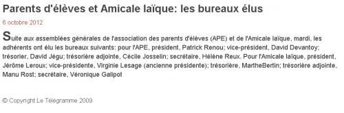 LE TELEGRAMME - 06/10/2012 - Parents d'élèves et Amicale laïque_les bureaux élus
