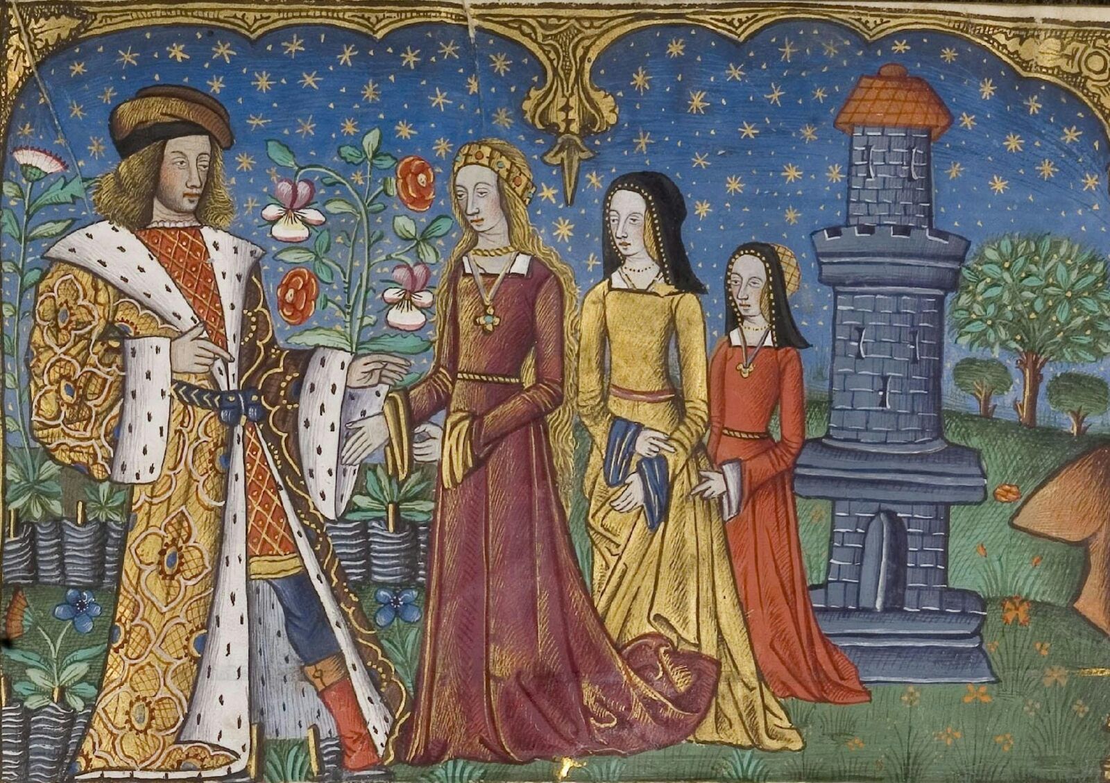 Geoffroi de La Tour Landry enseignant à ses filles, enluminure tirée du Livre du chevalier de La Tour Landry (fin XVe s. France Chantilly, musée Condé).jpg