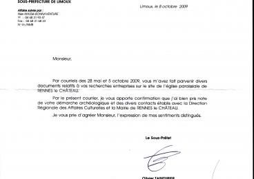 Réponse de la Sous-Préfecture de Limoux suite à l'envoi de son rapport, le 8 octobre 2009, N°90/NMB. (Olivier Tainturier, Sous-Préfet)