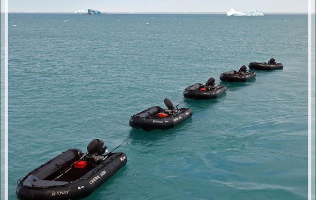 A la queue leu leu : les Zodiacs nous attendent pour nous amener à terre - Devon Island - Nunavut - Canada