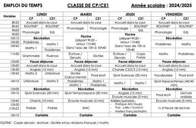 Emploi du temps CP/CE1 (avec natation)