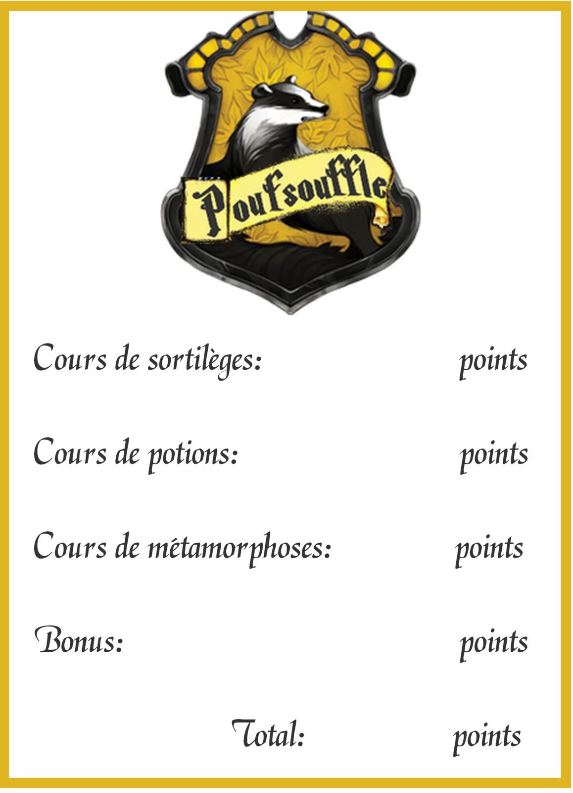 Décompte des points pour une activité lors d'un anniversaire Harry Potter Poufsouffle