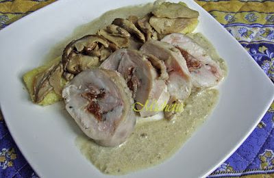 Râble de lapin désossé farci, polenta grillée, cèpes, sauce au cidre