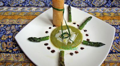 Crème et pointes d'asperges, tube filo au fromage blanc et ciboulette.