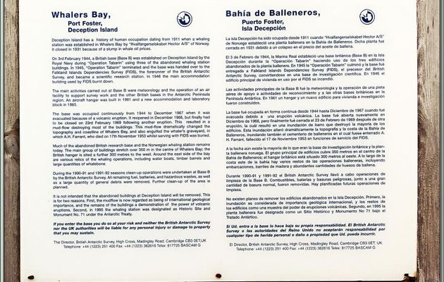 Petite histoire (en anglais et espagnol) de Whaler's Bay (Baie des Baleiniers) et de Port Foster - Île de la Déception - Péninsule Antarctique