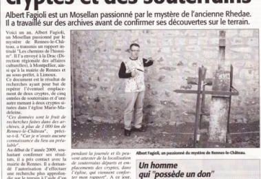 Le Midi Libre / L'Indépendant / Limoux,  Un chercheur a repéré des cryptes et des souterrains,18 août 2010. (B. C.)