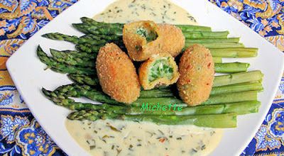 Croquette au chèvre et aux herbes, asperges, sauce parmesan citron