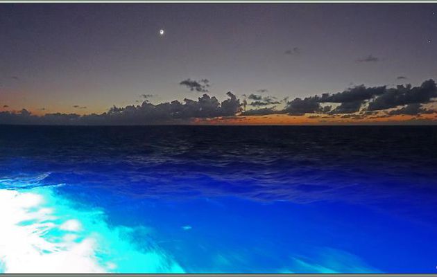 02/12/2021 : lever de soleil avec les lumière du Bellot illuminant les eaux de l'Océan Indien - Vers l'île Assomption - Groupe Aldabra - Seychelles