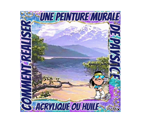 Dessin et peinture - vidéo 3859 : Comment réaliser une peinture murale de paysage (dessin, ciel, arrière-plan, montagnes, eau, perspective, reflets, rochers et végétation) ? - peinture acrylique.