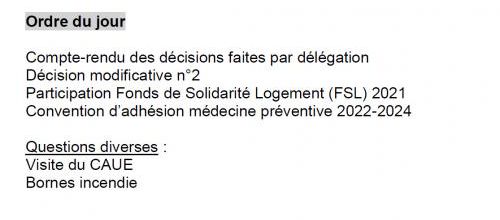 Ordre du jour du conseil municipal du 29 novembre 2021