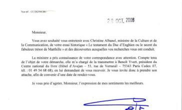 Réponse de la Ministre de la Culture et de la Communication, Mme Christine Albanel, par son Chef de Cabinet, Mr Olivier Breuilly.( 28 octobre 2008)