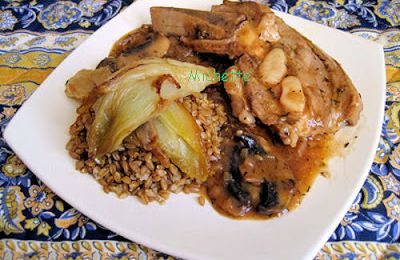 Tendron de veau, endives à l'orange, petit épeautre, sauce aux olives et champignons