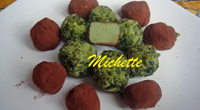 Truffe chocolat blanc-thé matcha, truffe chocolat noir, coeur de turron