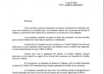Réponse du Président du Conseil Général de l'Aude, 9 septembre 2010. (Jean-Luc Battle, Directeur Général Adjoint)(Page1)