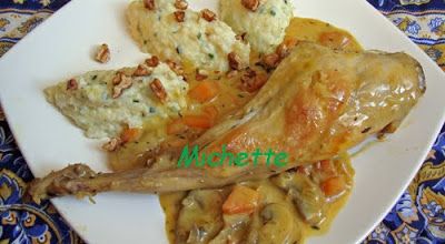 Cuisse de lapin à la sauce aux noix, purée céleri rave, champignons