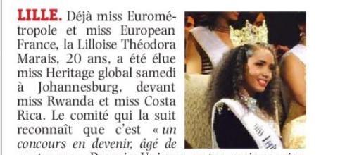 Une 2ème miss mondiale pour  le Nord.  Art.Parisien du 21/02/17