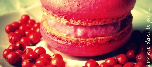 Macarons chèvre, betterave et baies roses de Madagascar.
