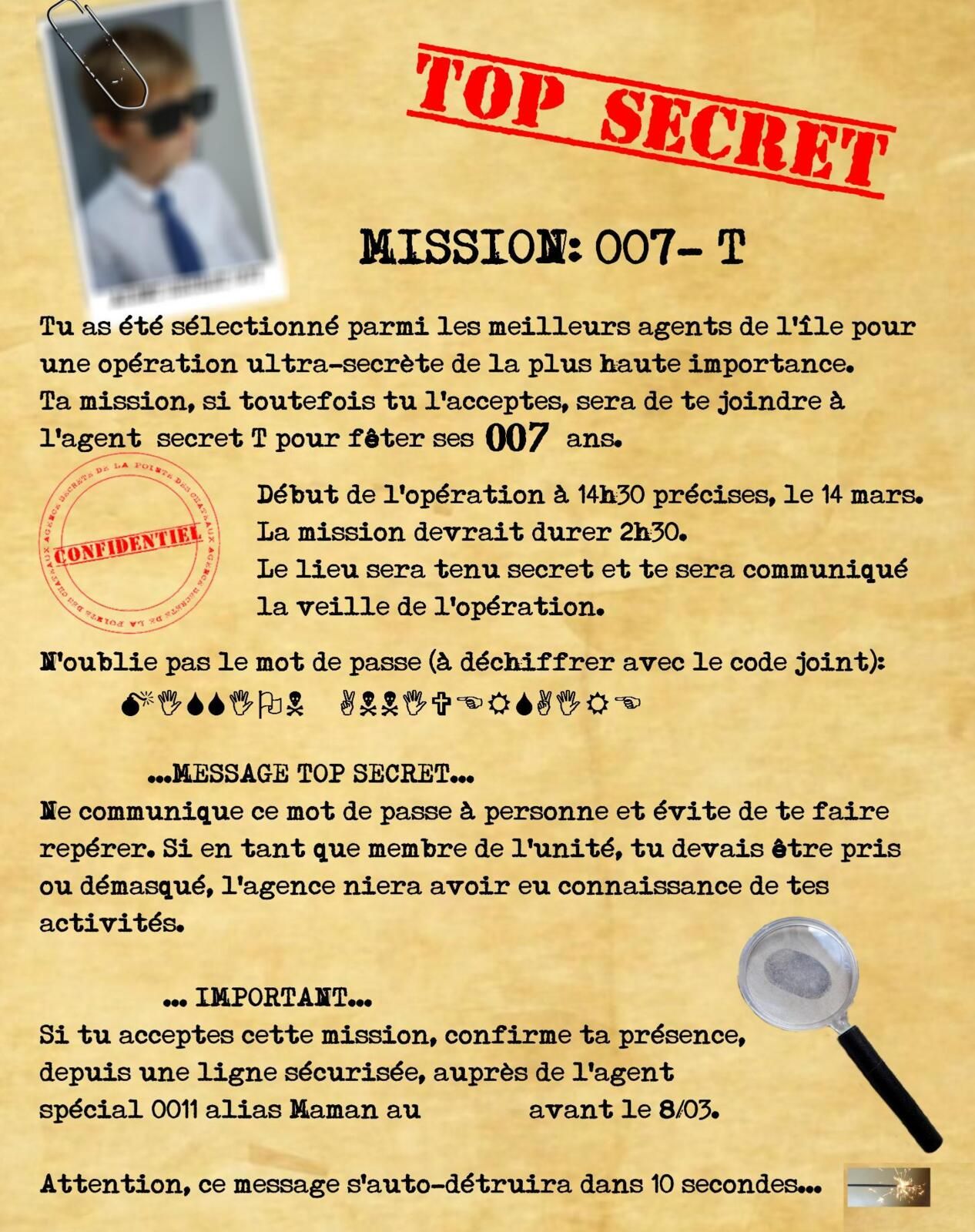Invitation anniversaire agent secret détective spy espion