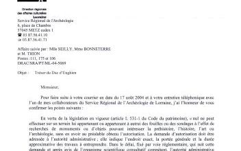 Réponse de la DRAC de Lorraine suite au projet de fouilles pour récupérer le trésor personnel du Duc d'Enghien, le 30 septembre 2004. (Daniel Barroy, Directeur Régional des Affaires Culturelles) 