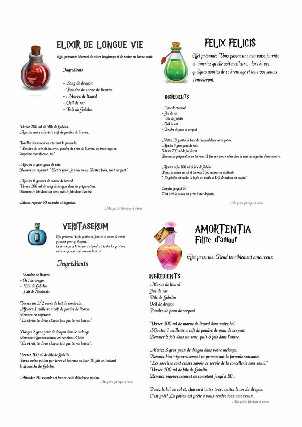 potion magique à imprimer gratuit pour un anniversaire Harry Potter (recette, ingrédient)