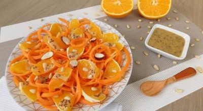 Linguines de carottes à l'orange & sauce miel moutarde