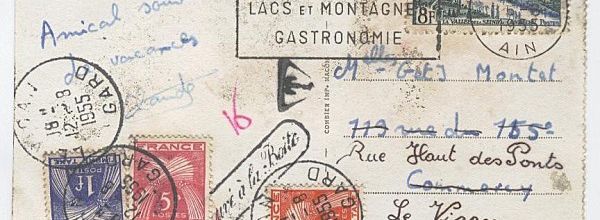 Carte Nantua - Ain - 1955 - Timbre 977 et taxes type Gerbes - tampon "trouvé à la boîte" et flamme