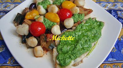 Dorade, ragoût de légumes, tomate cerise, pétoncle, pesto de roquette