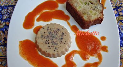 Cake pomme pêche, crème à la fève tonka, coulis d'abricot