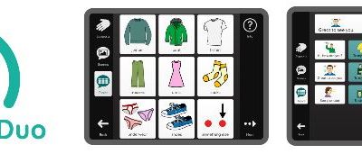  Aphasia Duo, un ensemble de pages avec des symboles, conçu pour les personnes atteintes d’aphasie, disponible dans le logiciel de CAA Grid. 
