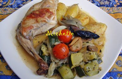 Lapin au miel, citron confit et romarin, p de terre, légumes