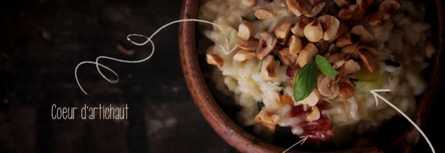 Risotto aux courgettes, coeurs d'artichauts, tomates séchées, noisettes et basilic.