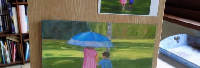 Enfants au parapluie ( pastels secs)