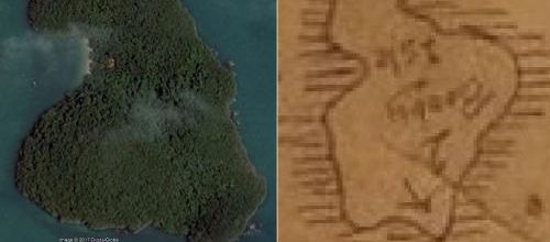 KO PHI, "l'île aux Seins" par William Jenkins, 1699.(Google Earth et Musée d'Halifax)