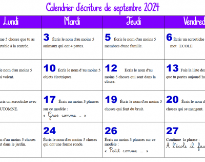 Les calendriers d'écriture CE1 de l'année 2024-2025 toutes zones