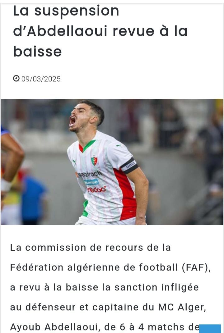 Abdelaoui Ayoub après MCA CRB en Coupe d'Algérie suspendu 6 matchs puis abaissé à 4 matchs
