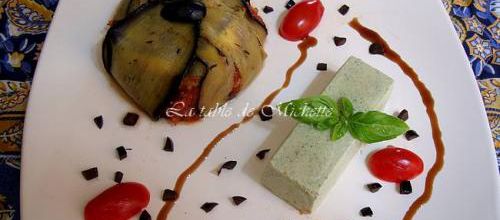 Gâteau d'aubergine et tomate, panna cotta au basilic