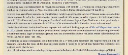 * Autour de la CLOTURE prochaine du projet : news et communiqué paru dans la Revue F.F.L.