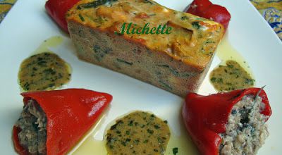 Flan à la ratatouille, piquillos aux sardines, vinaigrette aux herbes