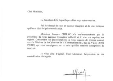 Réponse de  la Présidence de la République, (Jacques Chirac), par son Chef adjoint de Cabinet, Mr Gérard marchand. (09 mars 2004)