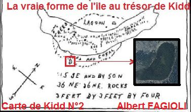 Carte de Kidd , dite N° 2 . On peut voir la vraie forme de l'île au trésor du capitaine William Kidd et elle correspond bien à KO WANG NOK.(Albert Fagioli)