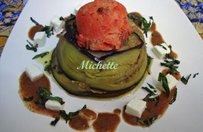 Sorbet à la tomate, couronne à l'aubergine, vinaigrette à la tapenade