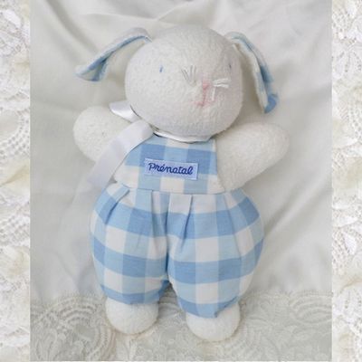 Doudou Peluche Lapin Prénatal Blanc Eponge Salopette Tissu Carreaux Bleu