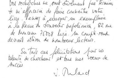 Lettre de félicitation de la part de M. Jean Tulard, historien français et écrivain célèbre, membre de l'académie des Sciences Morales et politiques, le 12 juillet 2008. (M. Jean Tulard)