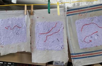 Papier recyclé : mauve avec du raphia rouge