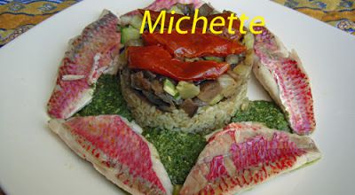 Filets de rouget au pesto, légumes, boulgour, tomate confite