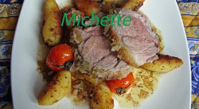 Epaule d'agneau de lait en croûte de thym, rattes, poivron, tomate cerise