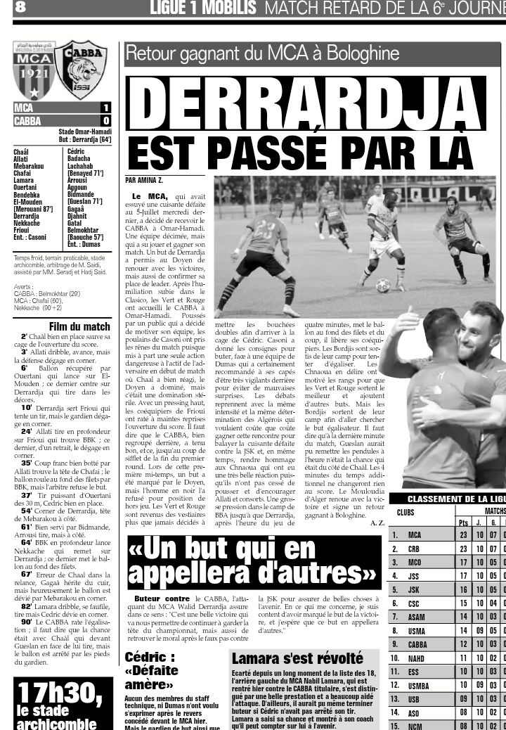Dimanche 17.11.2019 au Stade de Bologhine match en retard du 28.9.2019 MCA-CA Bordj Bou Arréridj 1-0