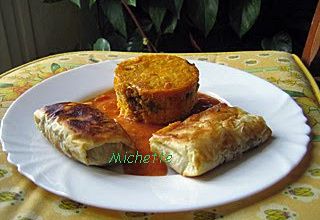 Feuilleté pâte à filo au pied de veau désossé, flan au potiron, pomme et marron