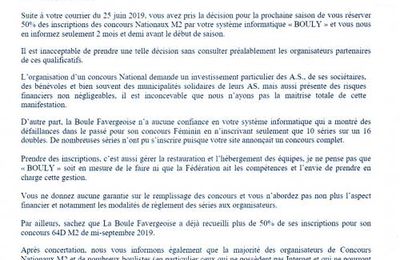 A tous bouliste M2 lettre envoyer à la FFSB par la boule de Faverges le 2 juillet 2019