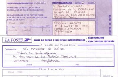 Courrier en recommandé au Président de la République, Jacques Chirac et à la Couronne d'Angleterre, sa Majesté la Reine Elisabeth II. (05 janvier 2004)